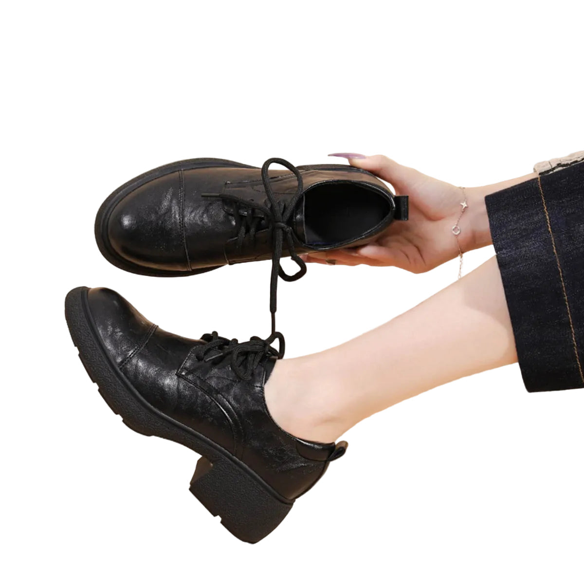 Women's Retro Lace-Up Loafers - Thick Heel, Black 6
