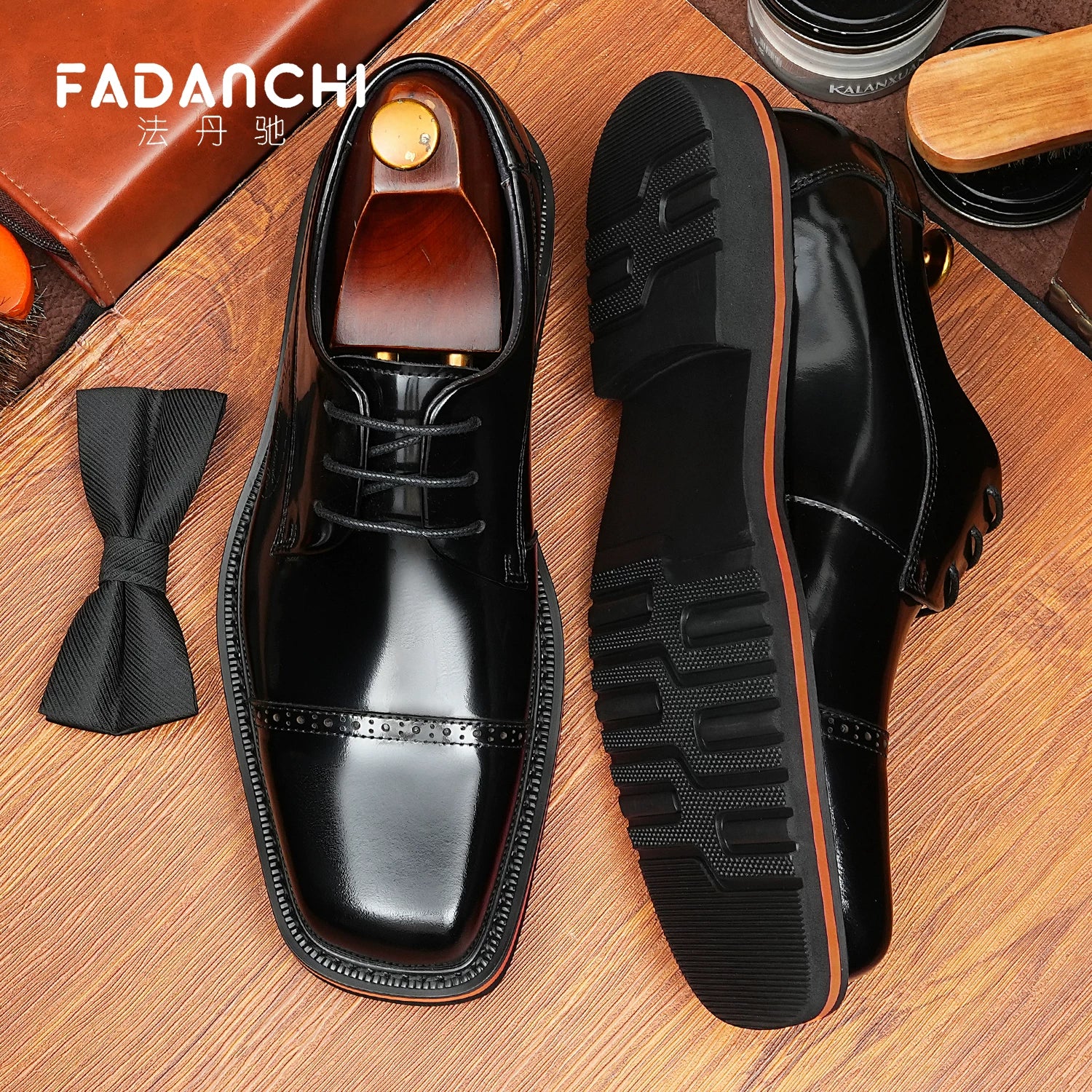 Men's Genuine Leather Derby Shoes, Square Toe, Glossy