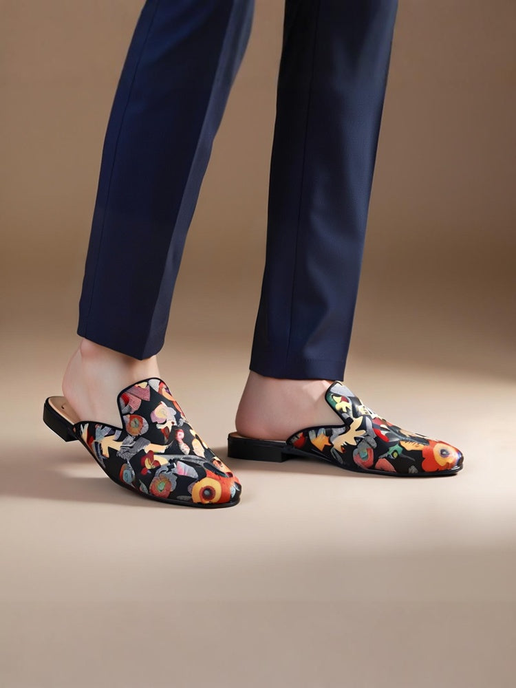 Japanese imported fabrics colorful floral jacquard cloth men's mule shoes breathable leather lining summer toe-toe slippers for men