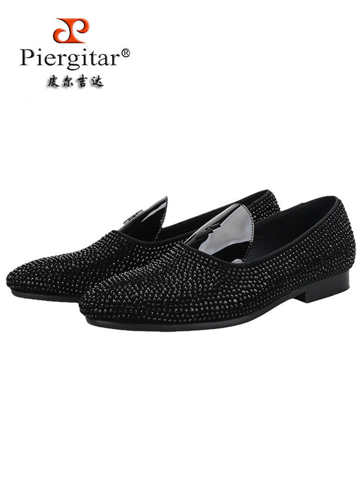 Luxury fashion brand's same style black nubuck leather artificial crystal decorated men's loafers casual versatile moccasin shoes