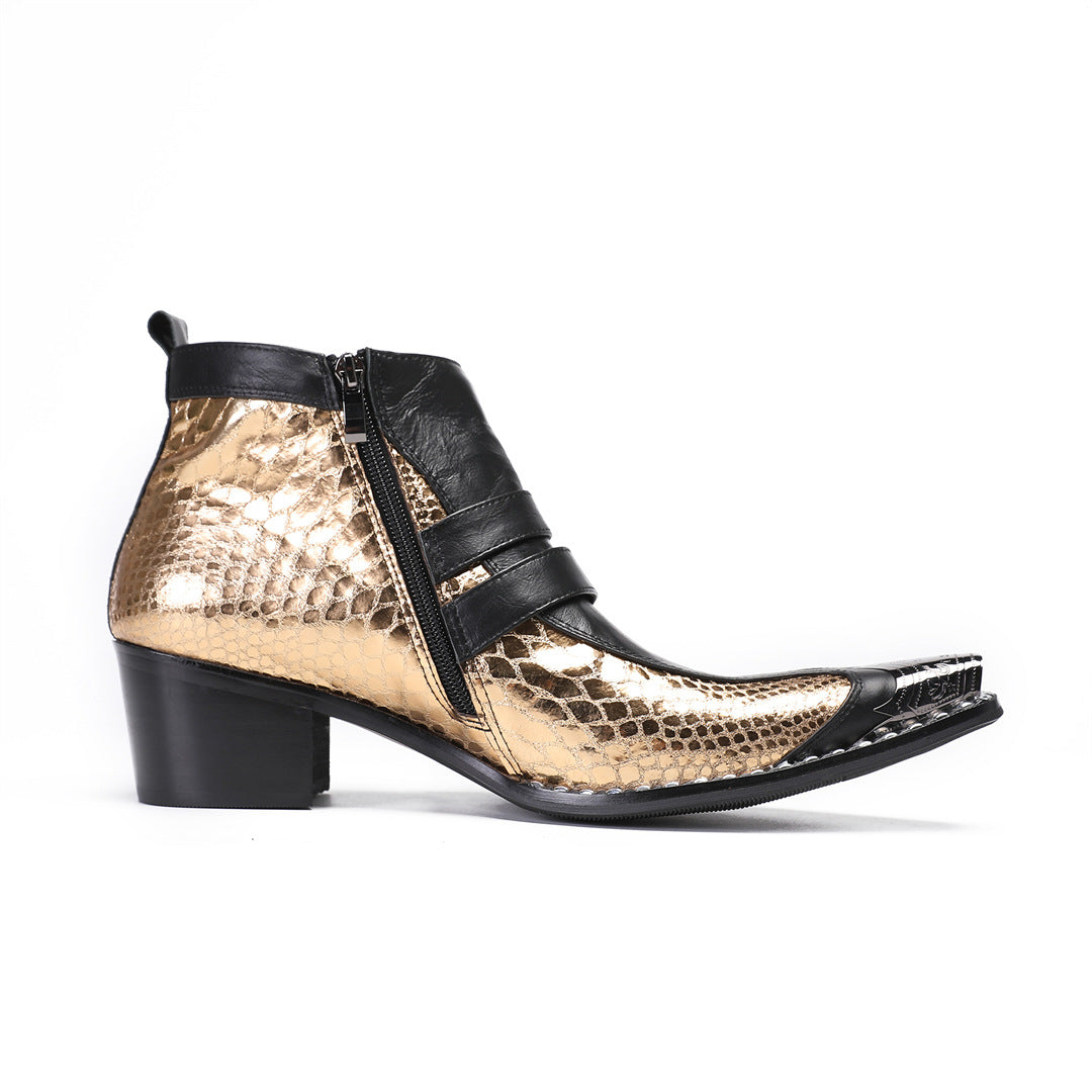 2024 autumn and winter fashion men's shoes fish scales gold glossy pointed leather shoes Korean version hair stylist nightclub performance shoes