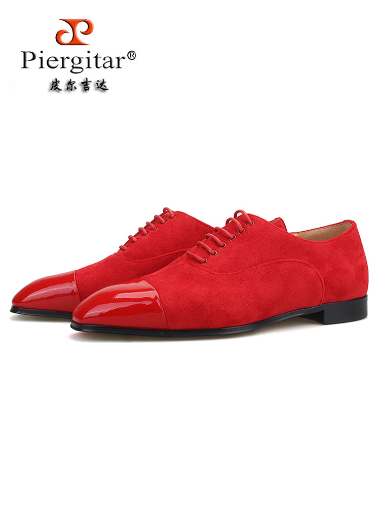 Red cow suede stitched patent leather toe men's lace-up square toe Oxford shoes European and American style fashionable wedding banquet formal shoes