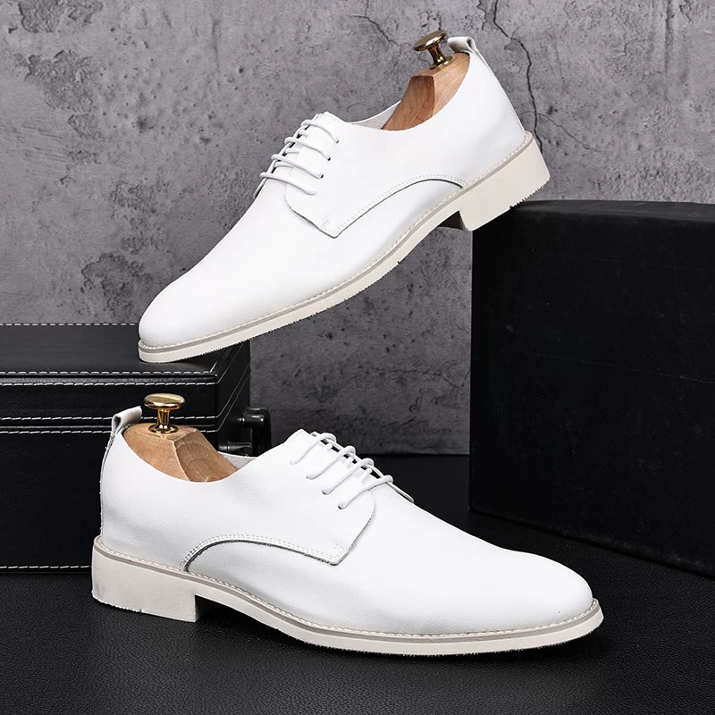 Men's White Genuine Leather Wedding Shoes, Height Increasing, Pointed Toe