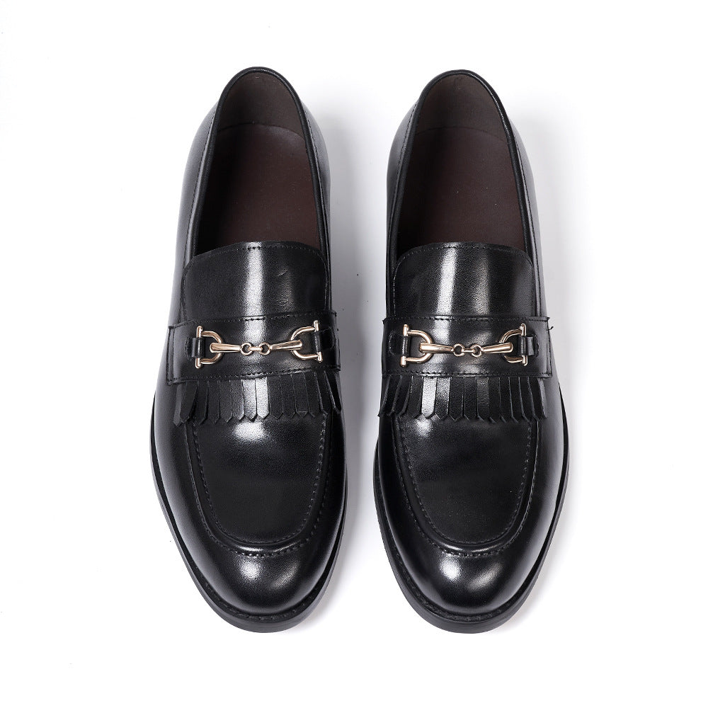 Classic Retro First Layer Cowhide Black Leather Shoes Men's Tassel Business Suit Summer Slip-on Men's Loafers