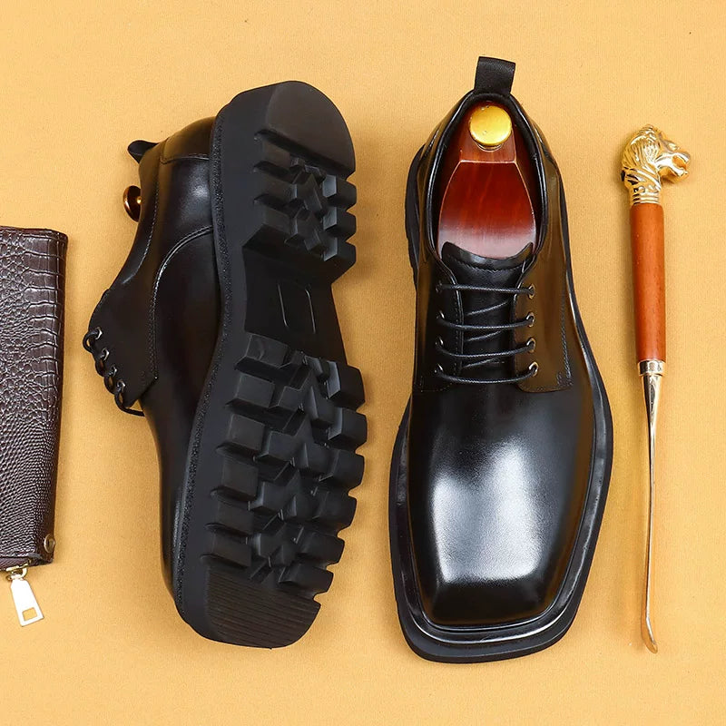 Men's Brown Genuine Leather Leather Shoes, Height Increasing, Thick Sole