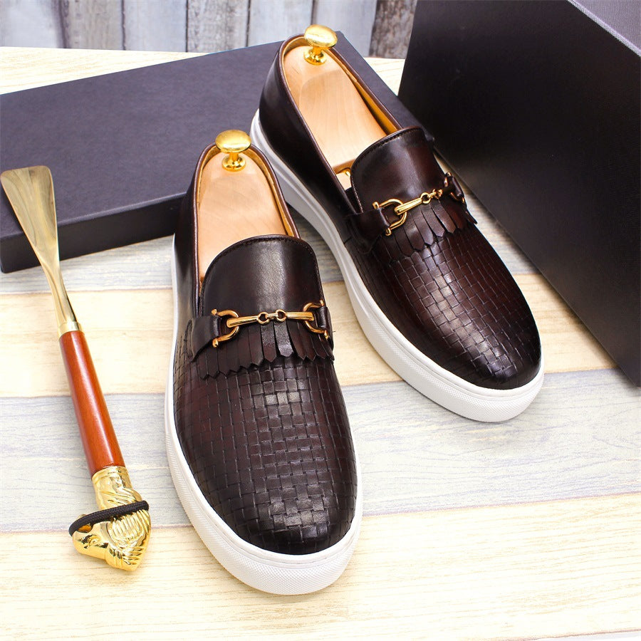 Leather Shoes Men's Leather Casual round Toe Pumps Flat Heel Woven Pattern Handmade Men's Shoes Fashion European and American Style Loafers Men