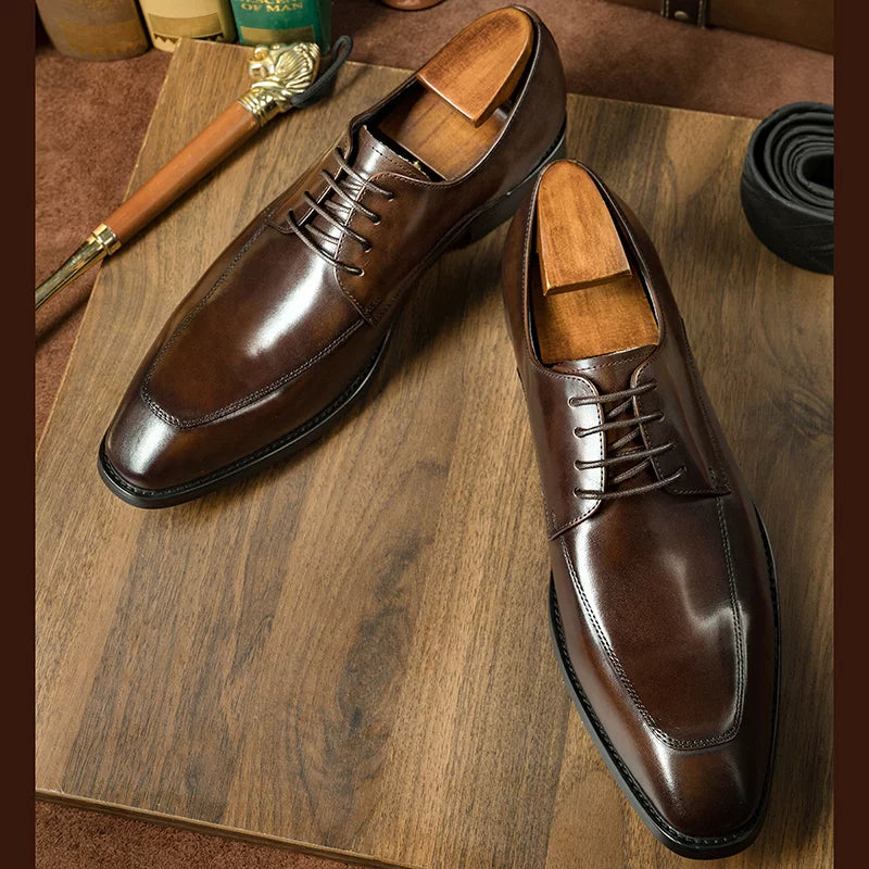 Men's Genuine Leather Derby Shoes, Handmade, Pointed Toe