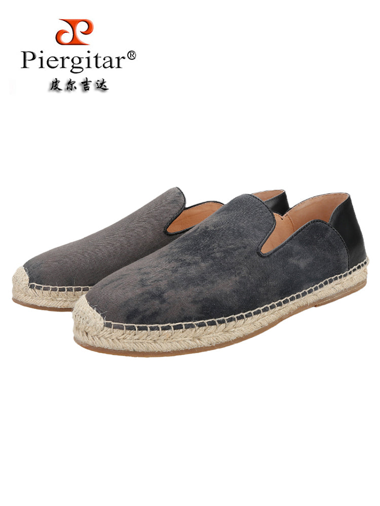 Dark gray imported linen spliced with black folded cowhide classic fisherman's shoes for men with hand-woven hemp rope outsole