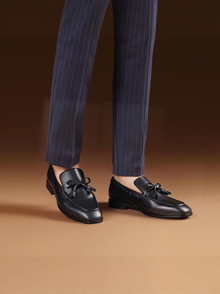 New first-layer cowhide men's slip-on casual leather shoes British style square toe red bottom tassel loafers