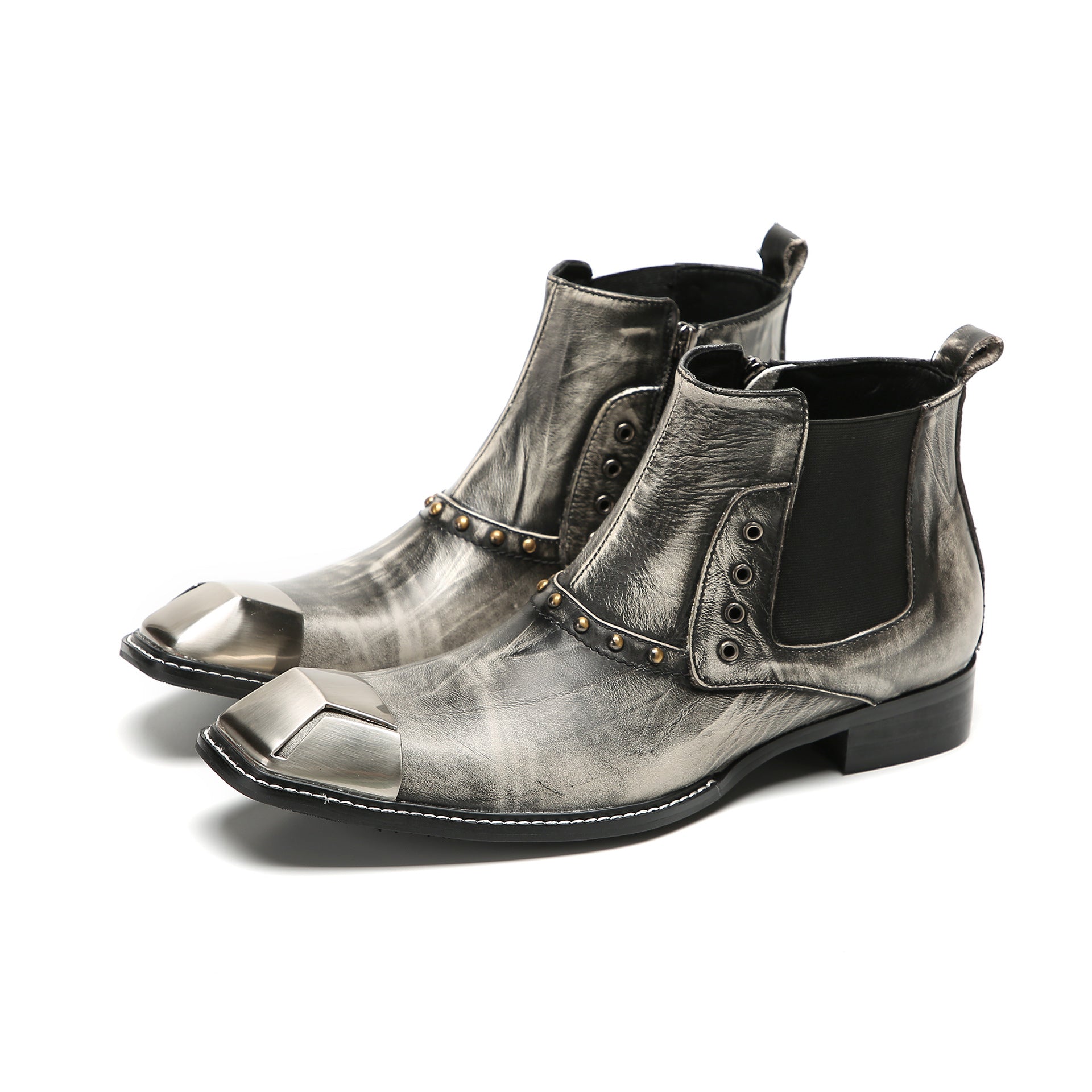 Foreign trade cowhide square-toe Chelsea boots for men British brogue carved short boots trendy high-top shoes commuter soft cowhide boots