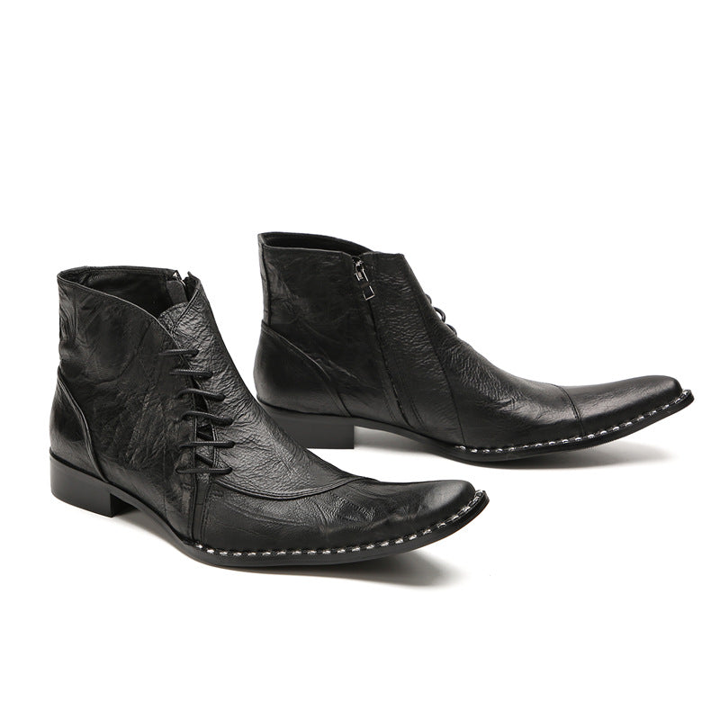 British Korean style men's casual high-top leather shoes brogue business sleeves increased short boots pointed toe Martin boots