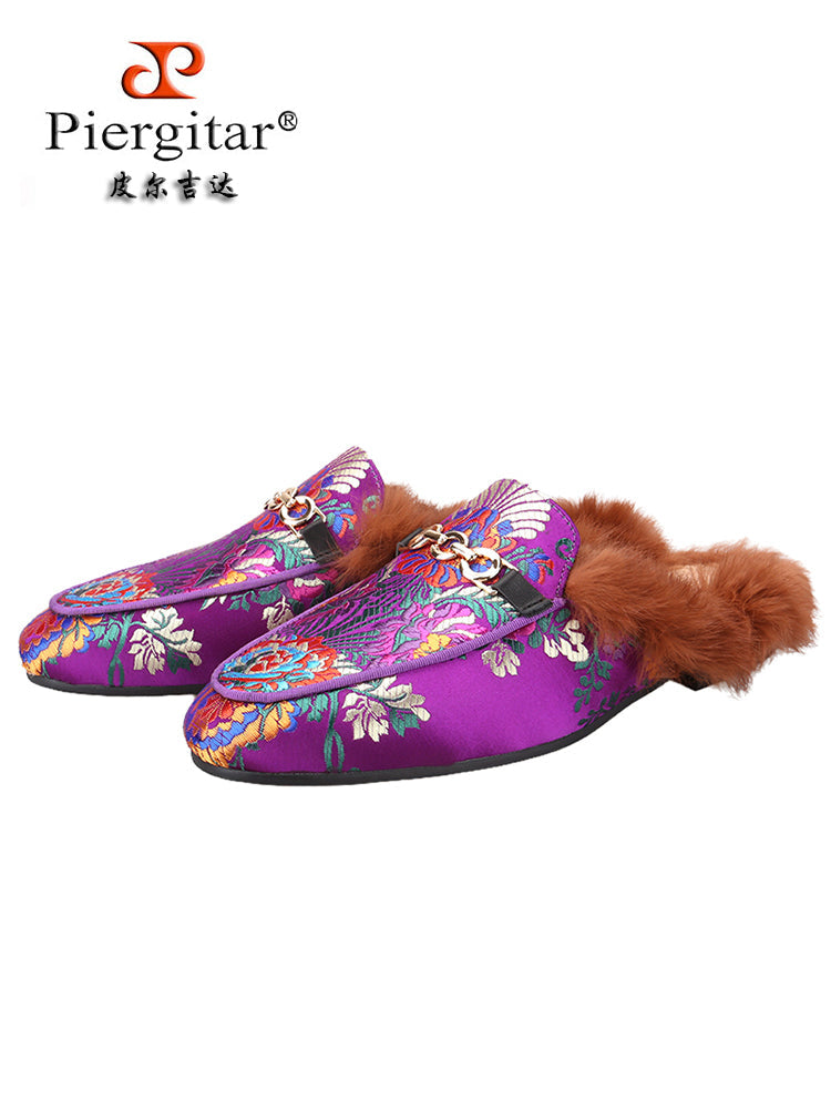 Piergitar imported silk horsebit men's slippers European and American style genuine leather lining rabbit hair Mule slippers for men