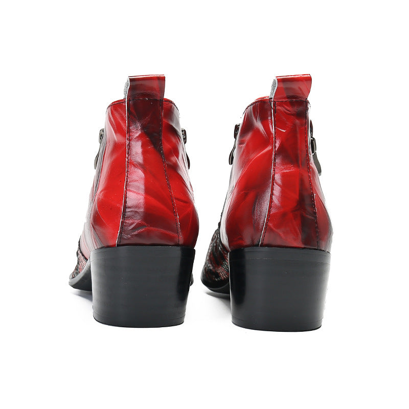 Chinese red printed work boots American retro men's boots high-top Martin boots increased pointed toe men's short boots Roman style