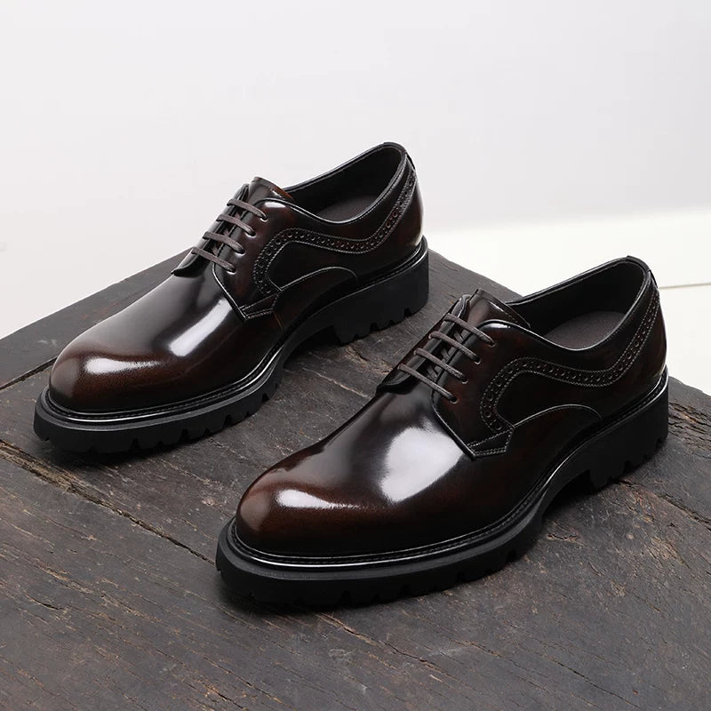 Men's Genuine Leather Derby Shoes, Thick Sole, Round Toe