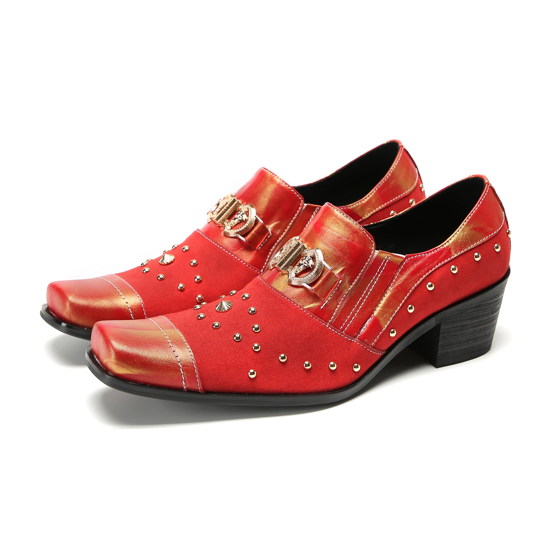 Leather shoes men's square toe cowhide 46 large size business British formal casual men's red inner heightening wedding groom's shoes