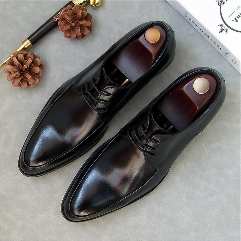 Men's Genuine Leather Wedding Shoes, Pointed Toe, Lace-Up