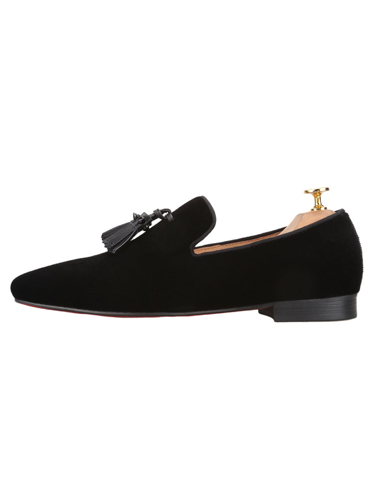 Summer men's velvet loafers, handmade cowhide rivets, tassels, European and American trendy slip-on red-soled shoes for men