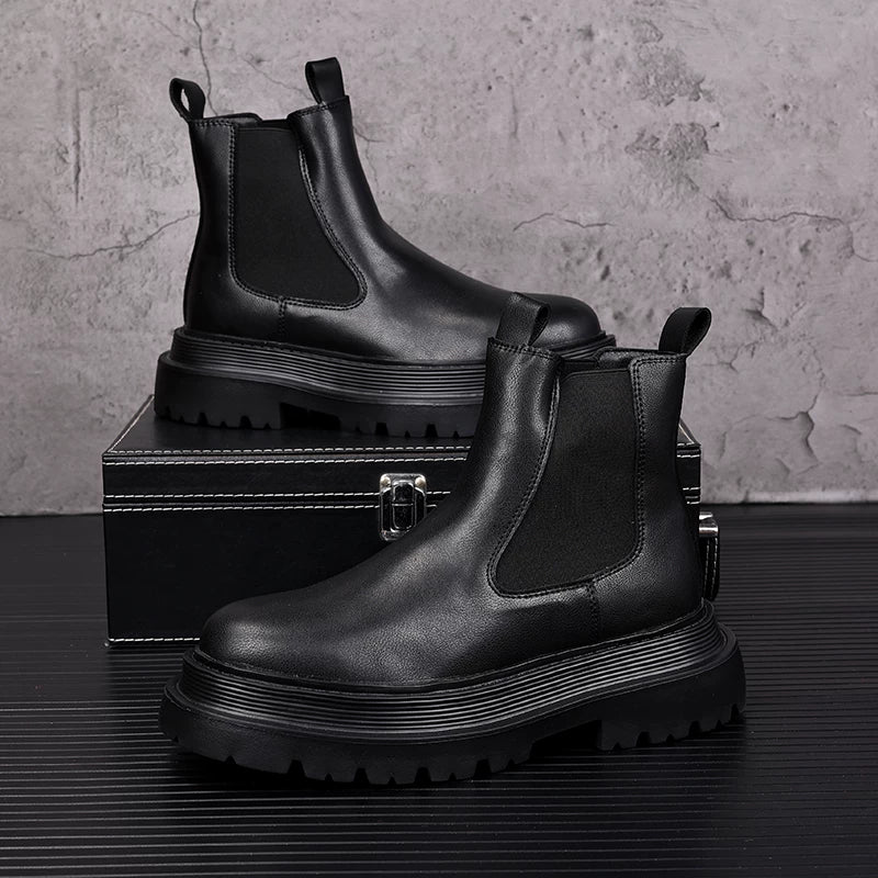 Men's White Chelsea Boots, Height Increasing, Thick Sole
