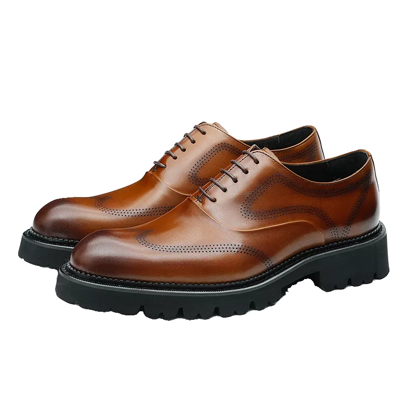 Men's Brown Genuine Leather Leather Shoes, Height Increasing, Thick Sole