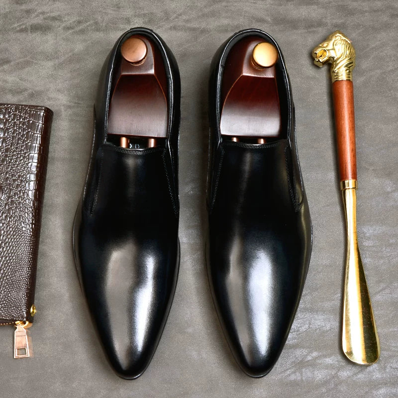 Men's Brown Genuine Leather Loafers, Pointed Toe, Slip-On