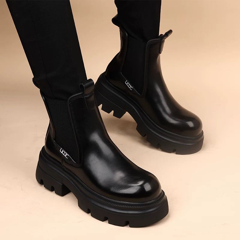 Men's Genuine Leather Martin Boots, Height Increasing, Thick Sole
