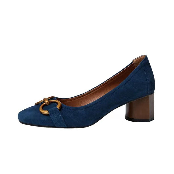 Blue square head shallow mouth single shoes for women New spring women's shoes in 2025 French high heels for women Frosted metal thick heels(P)