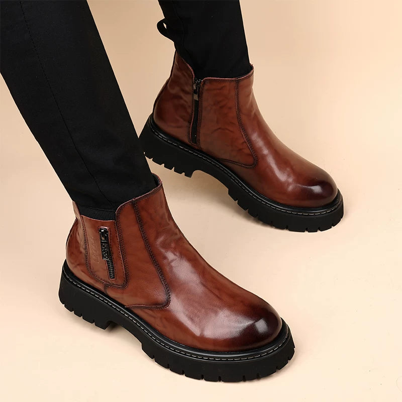 Men's Genuine Leather Martin Boots, Height Increasing, Thick Sole