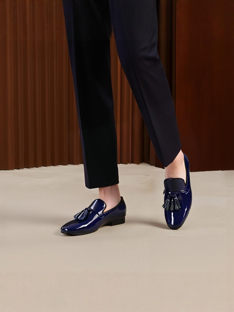New imported blue and black patent leather men's classic tassel loafers European and American style handmade slip-on trendy men's shoes