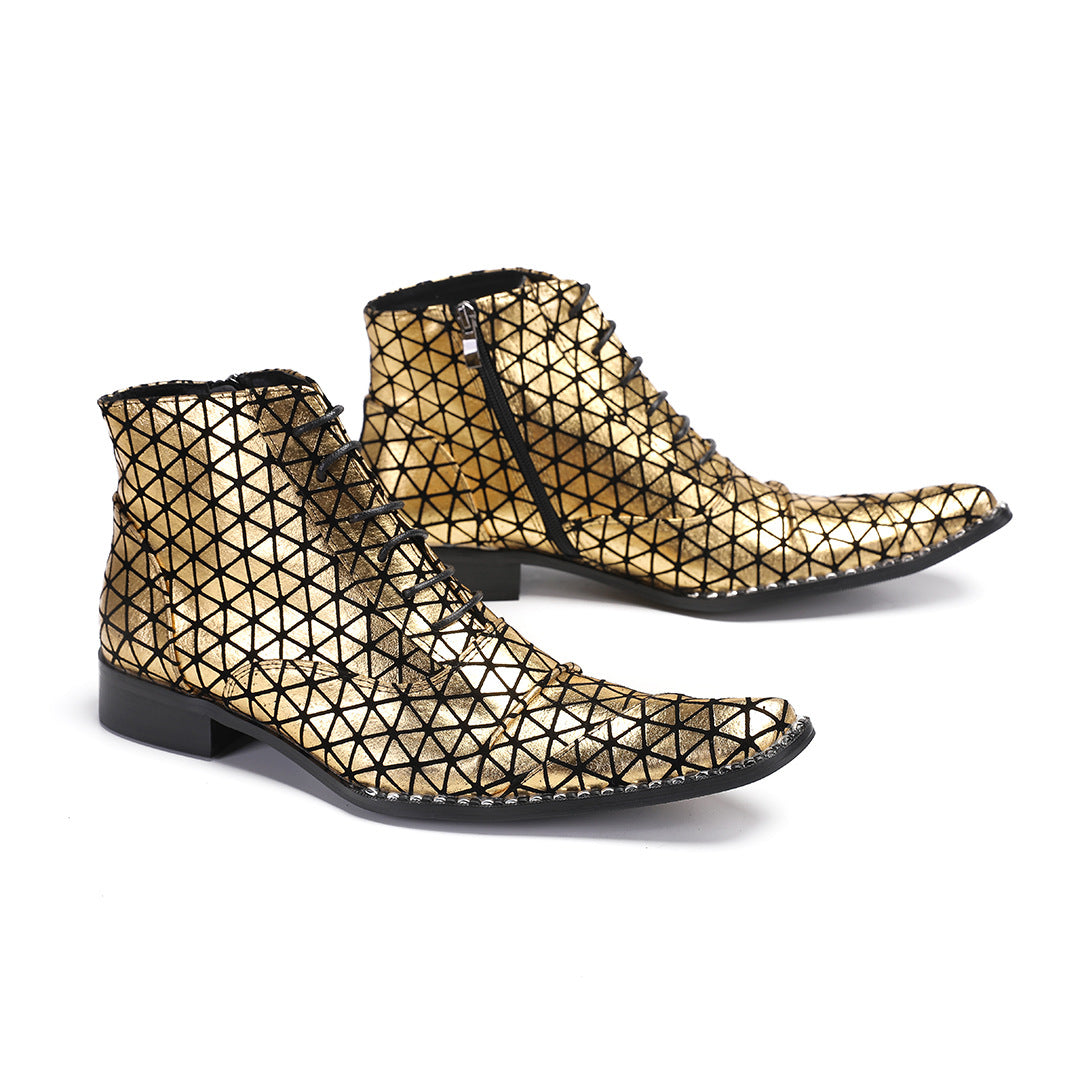 Men's Gold Leather Boots – British Style, Height Increasing