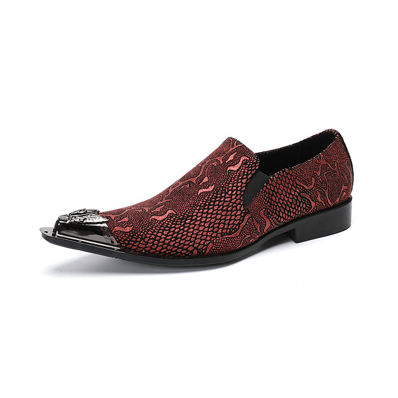 Men's Red Shoes – Pointed Toe, Crocodile Pattern – Style 69