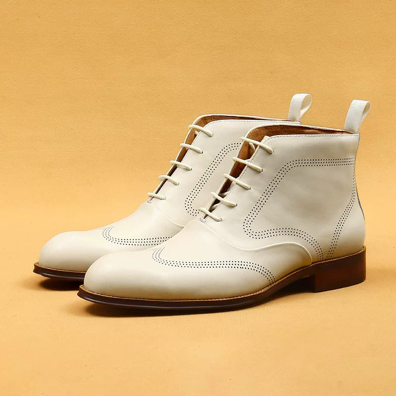 Men's White Genuine Leather Martin Boots, British Style, Business