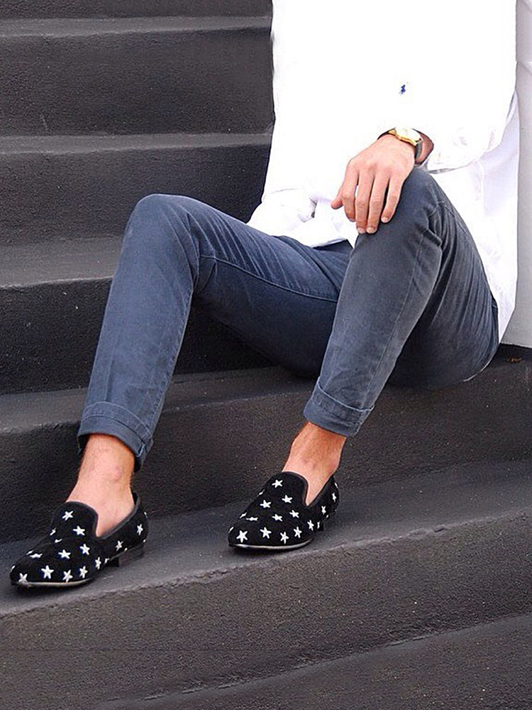 European and American series men's imported velvet gypsophila embroidered slip-on loafers trendy handmade low-top shoes for men