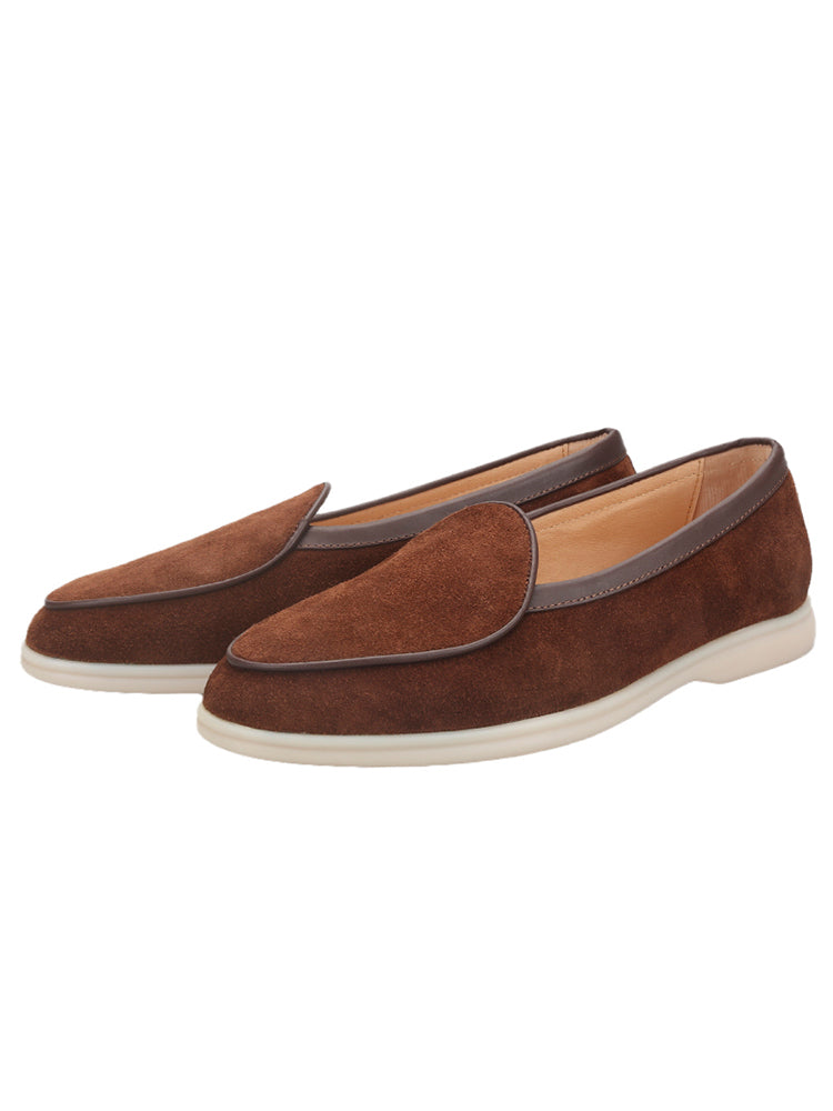 Brown nubuck leather patchwork color matching cowhide edge British style classic loafers white thick sole casual shoes for men