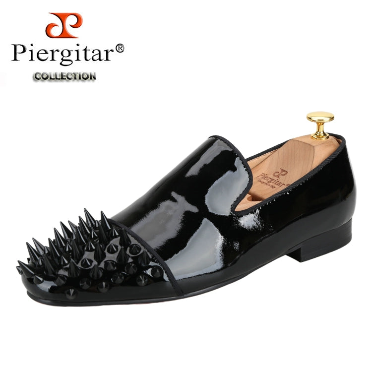 New black patent leather handmade long and short rivet head men's foot loafers European and American trend nightclub style rivet shoes