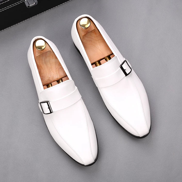 Men's White Leather Shoes, Height Increasing, Pointed Toe
