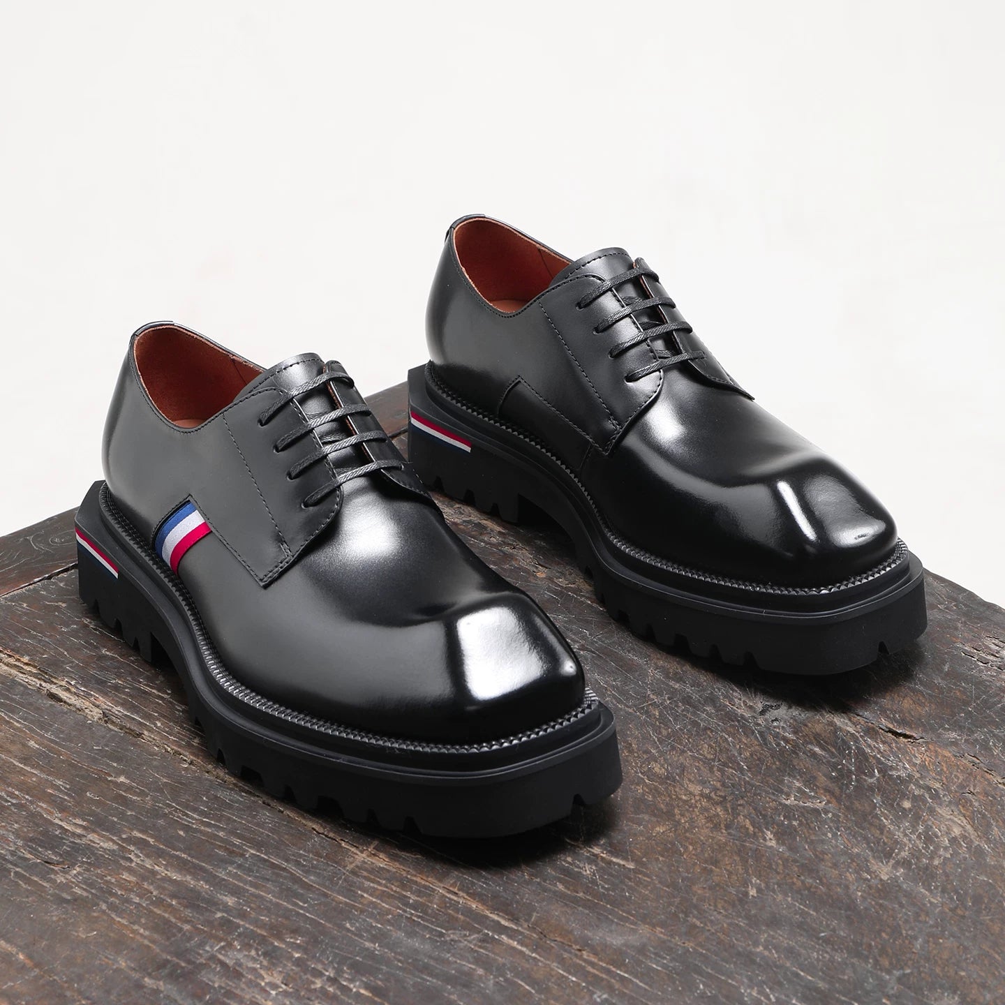 Men's Black Genuine Leather Derby Shoes, Height Increasing, Thick Sole