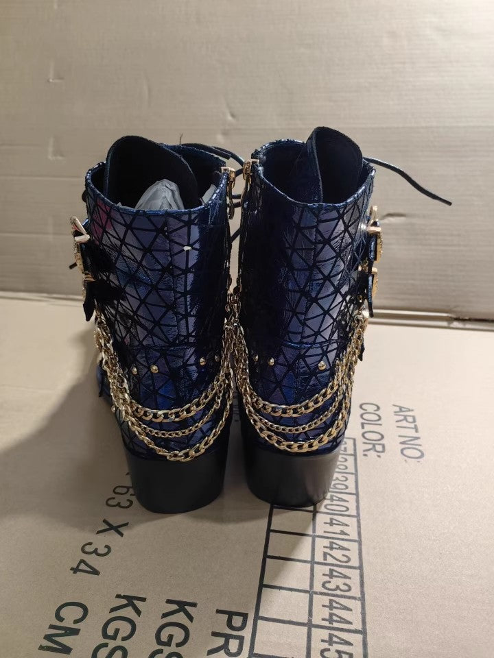 2024 new European and American autumn and winter side zipper solid color men's gold metal square heel winter trend pointed Martin boots large size