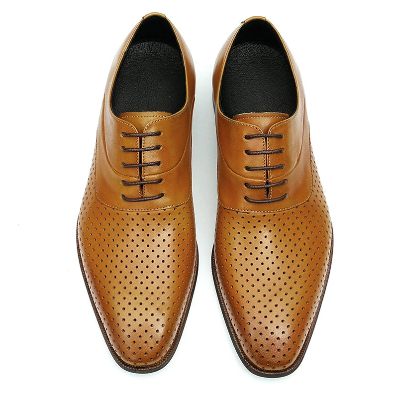 Men's Brown Genuine Leather Leather Shoes, Breathable, Cut-Out