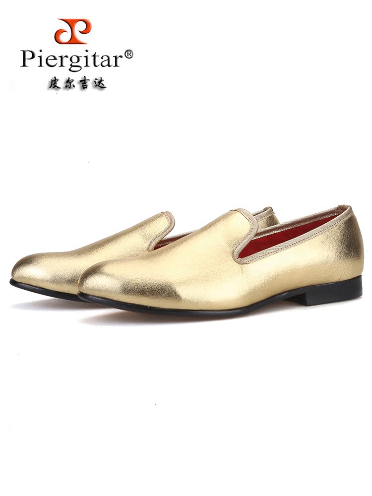 Shiny gold and silver two-color high-end cowhide handmade European and American style loafers, luxury nightclub party slip-on trendy men's shoes