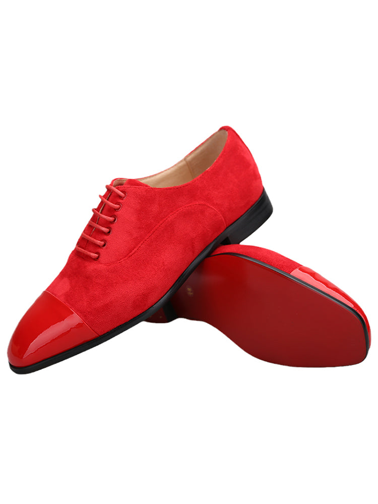 Red cow suede stitched patent leather toe men's lace-up square toe Oxford shoes European and American style fashionable wedding banquet formal shoes