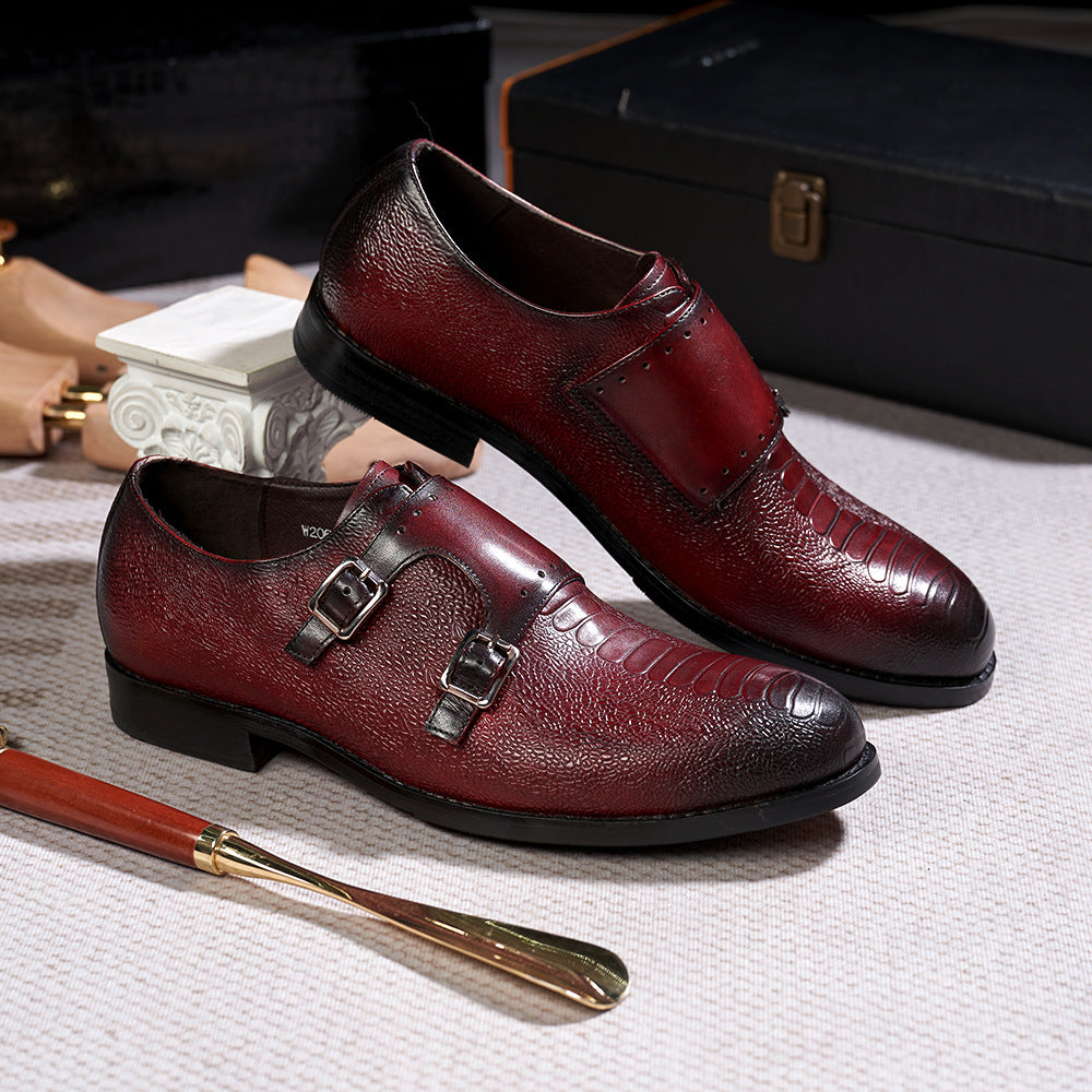 Cross-Border Double Buckle Monk Shoes Men's Goodyear Men's Suit Shoes Men's Slip-on Pointed Handmade Leather Shoes Men