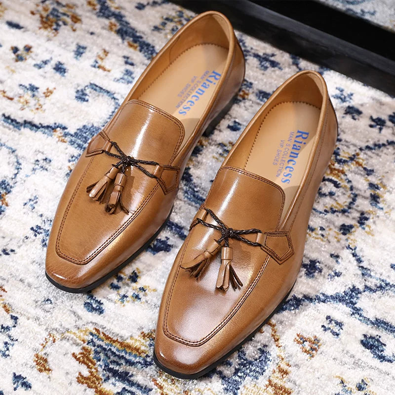 Men's Genuine Leather Loafers, Square Toe, Slip-On