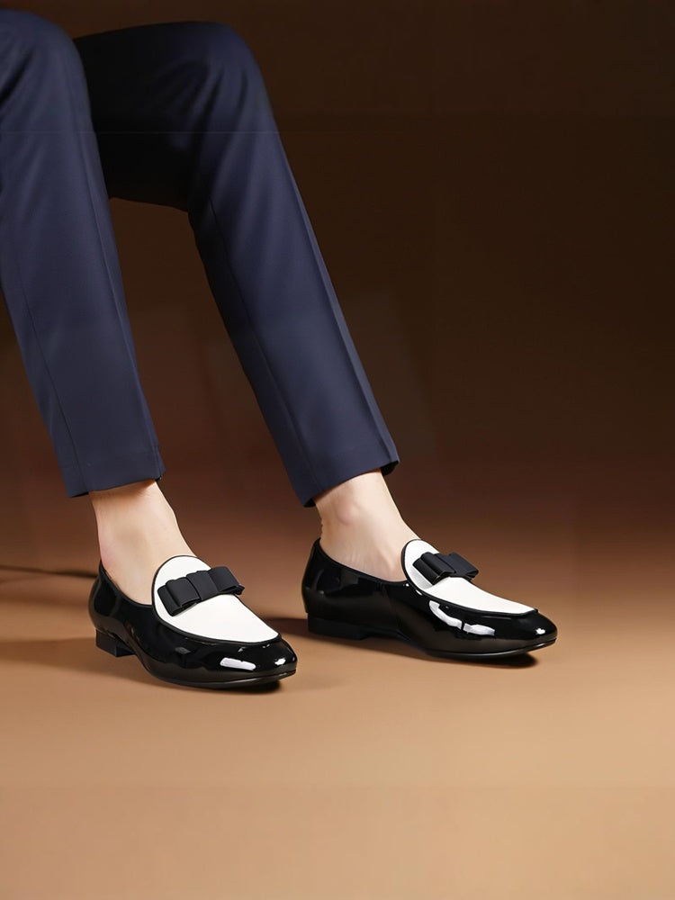 British yuppie style patent leather splicing suede handmade men's loafers wedding banquet formal bow slip-on smoking shoes