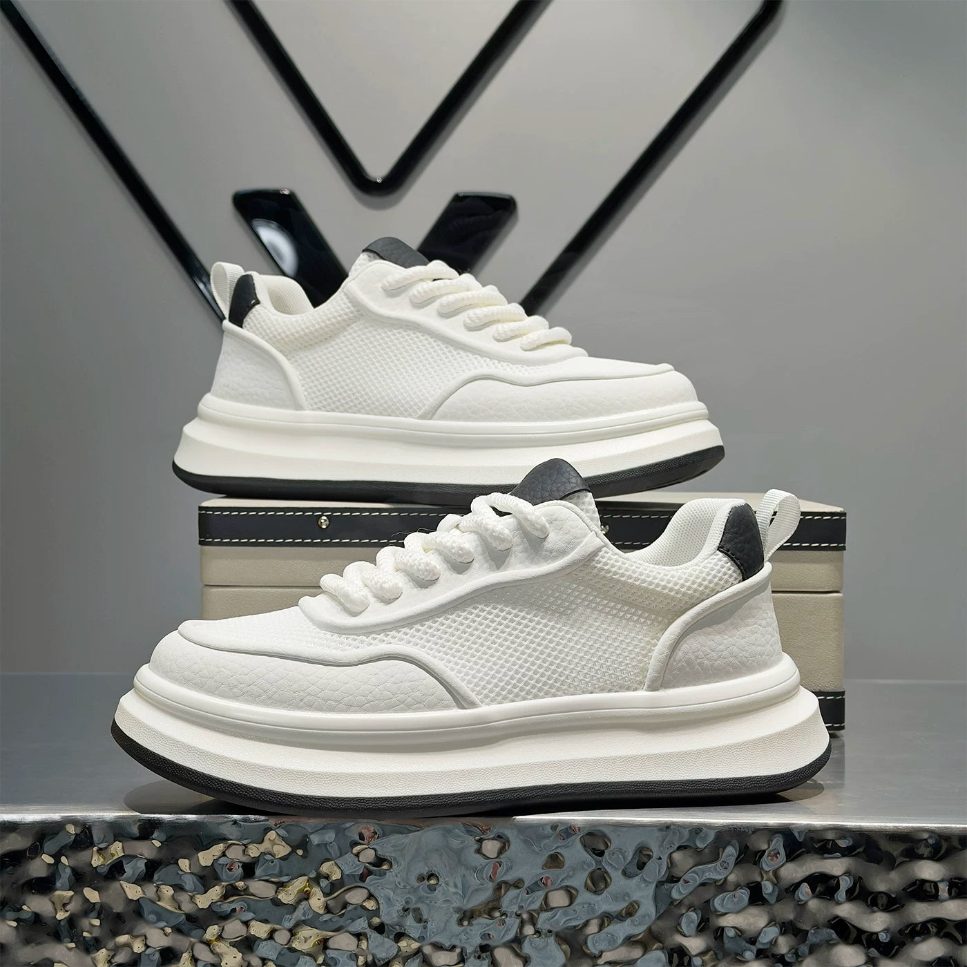 Men's Height-Increasing Platform Breathable Mesh Cut-Out White Sneakers