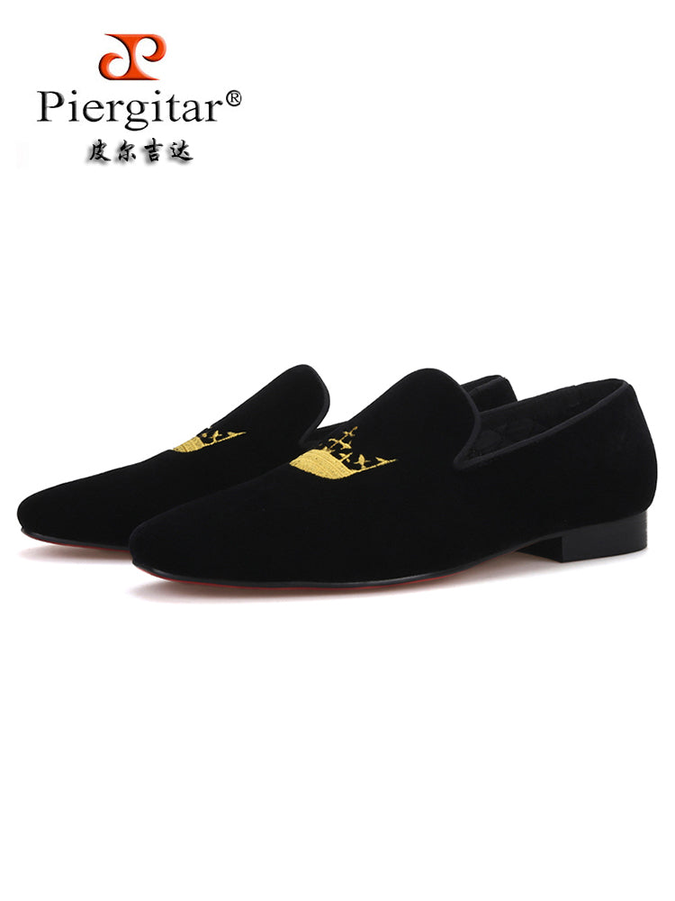 British style classic crown hand embroidered men's velvet loafers wedding party slip-on loafers smoking shoes
