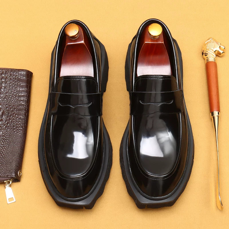 Men's Genuine Leather Loafers, Height Increasing, Thick Sole