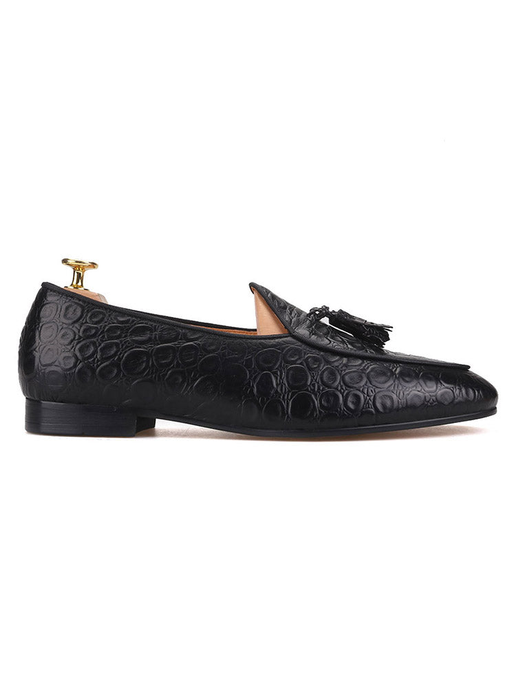 European and American style handmade custom black embossed cowhide trendy loafers party wedding banquet matching fringed formal shoes men