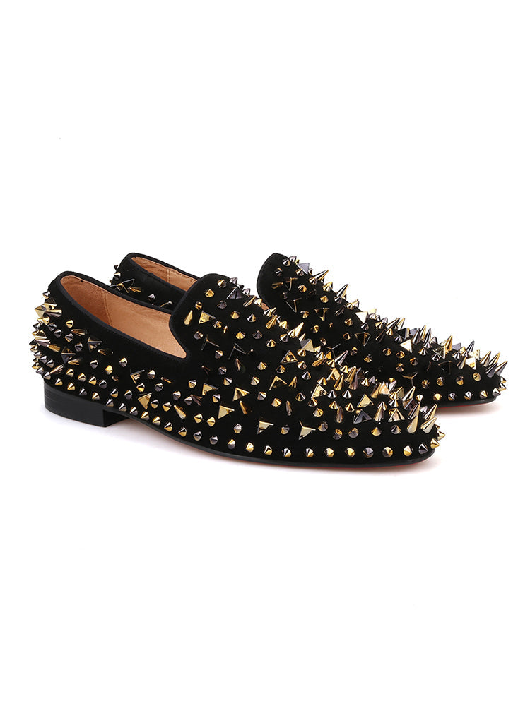 Summer new style black nubuck leather gold and silver two-color rivet men's loafers European and American trendy nightclub slip-on shoes