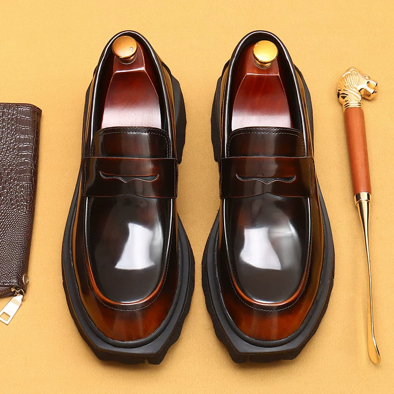 Men's Genuine Leather Loafers, Height Increasing, Thick Sole