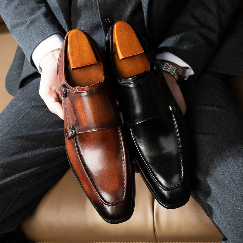 Men's Brown Genuine Leather Leather Shoes, Handmade, Square Toe